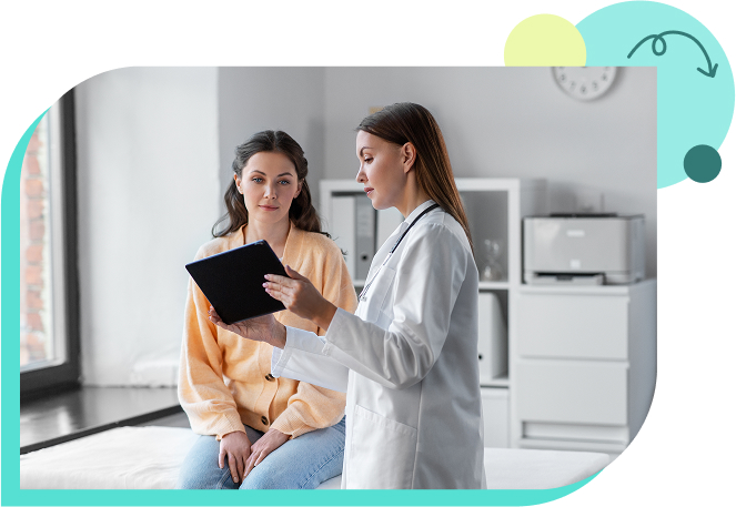 Image of a female gMG patient talking to her doctor